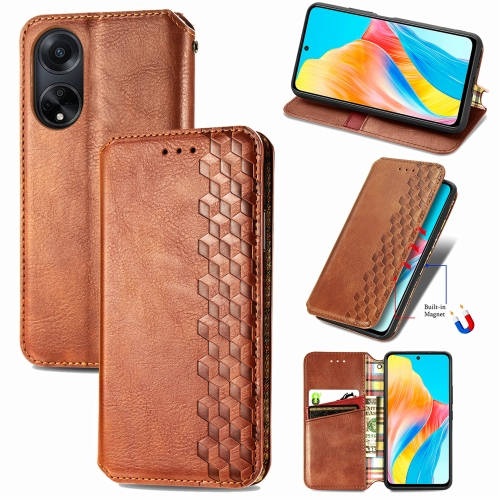 

For OPPO A98 Cubic Grid Pressed Magnetic Leather Phone Case(Brown)