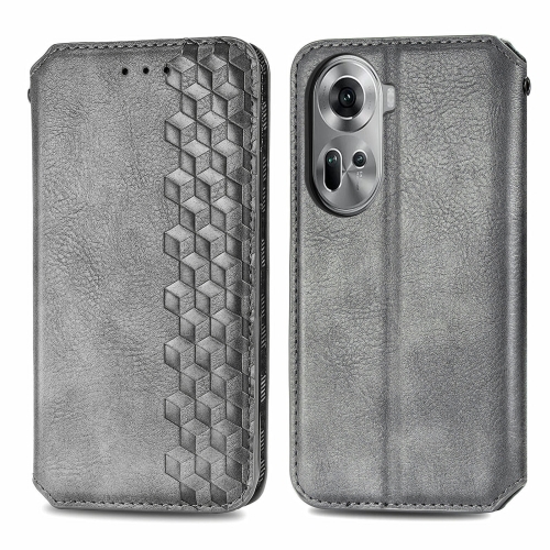 

For OPPO Reno11 5G EU Cubic Grid Pressed Magnetic Leather Phone Case(Grey)