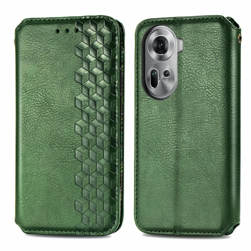 

For OPPO Reno11 5G EU Cubic Grid Pressed Magnetic Leather Phone Case(Green)