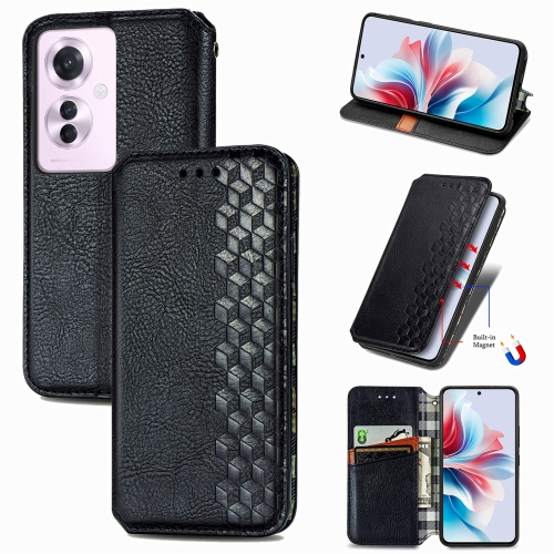 

For OPPO Reno11 F 5G Cubic Grid Pressed Magnetic Leather Phone Case(Black)