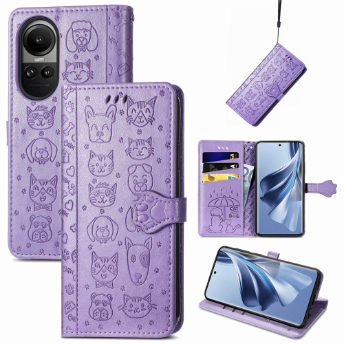 

For OPPO Reno10 Global / 10 Pro Global Cat and Dog Embossed Leather Phone Case(Purple)