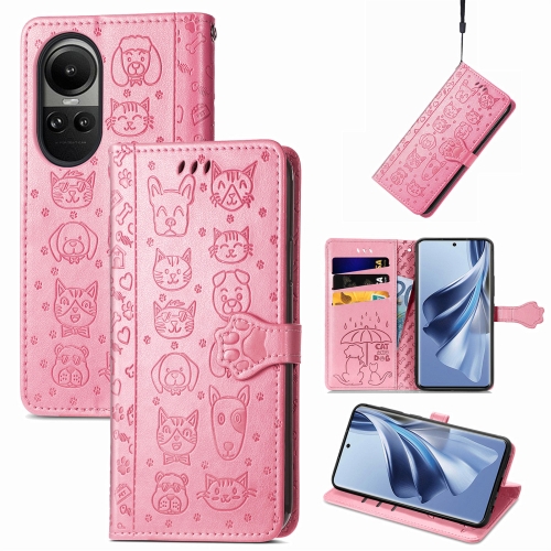 

For OPPO Reno10 / Reno10 Pro Global Cat and Dog Embossed Leather Phone Case(Pink)