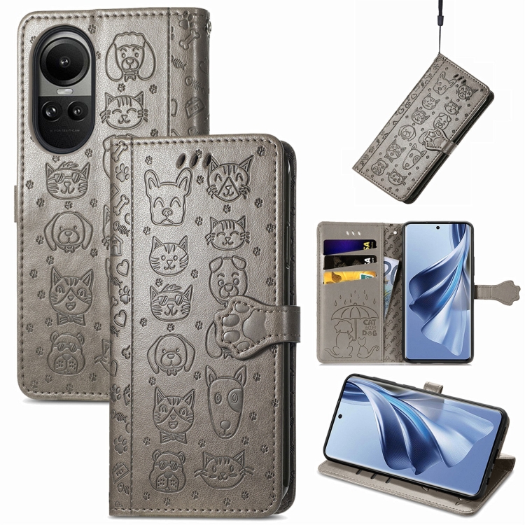 

For OPPO Reno10 Global / 10 Pro Global Cat and Dog Embossed Leather Phone Case(Grey)