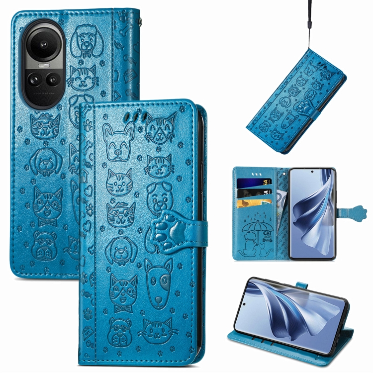 

For OPPO Reno10 Global / 10 Pro Global Cat and Dog Embossed Leather Phone Case(Blue)