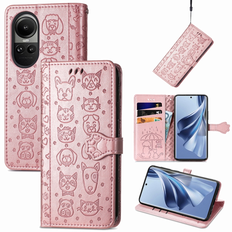 

For OPPO Reno10 Global / 10 Pro Global Cat and Dog Embossed Leather Phone Case(Rose Gold)