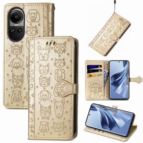 

For OPPO Reno10 / Reno10 Pro Global Cat and Dog Embossed Leather Phone Case(Gold)