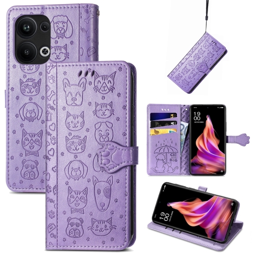 

For OPPO Reno9 Pro+ Cat and Dog Embossed Leather Phone Case(Purple)