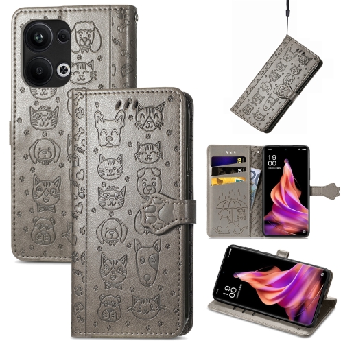 

For OPPO Reno9 Pro+ Cat and Dog Embossed Leather Phone Case(Grey)