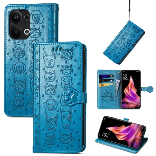 

For OPPO Reno9 Pro+ Cat and Dog Embossed Leather Phone Case(Blue)