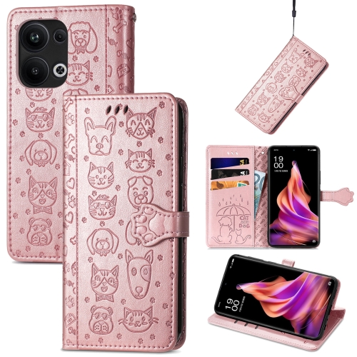 

For OPPO Reno9 Pro+ Cat and Dog Embossed Leather Phone Case(Rose Gold)