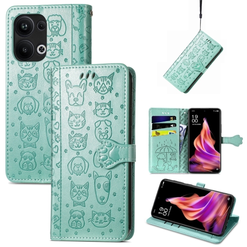 

For OPPO Reno9 Pro+ Cat and Dog Embossed Leather Phone Case(Green)