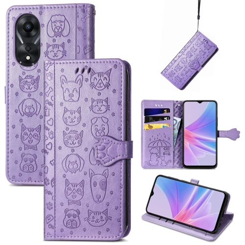

For OPPO A58 4G Cat and Dog Embossed Leather Phone Case(Purple)