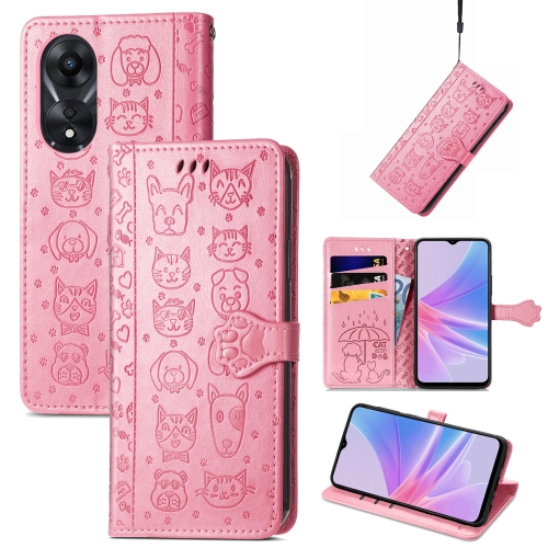 

For OPPO A58 4G Cat and Dog Embossed Leather Phone Case(Pink)