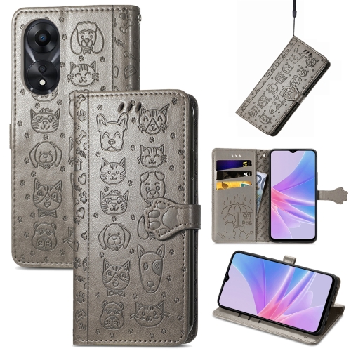 

For OPPO A58 4G Cat and Dog Embossed Leather Phone Case(Grey)