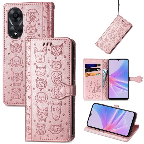 For Oppo A58 4G Cat and Dog Embossed Leather Phone Case(Rose Gold)