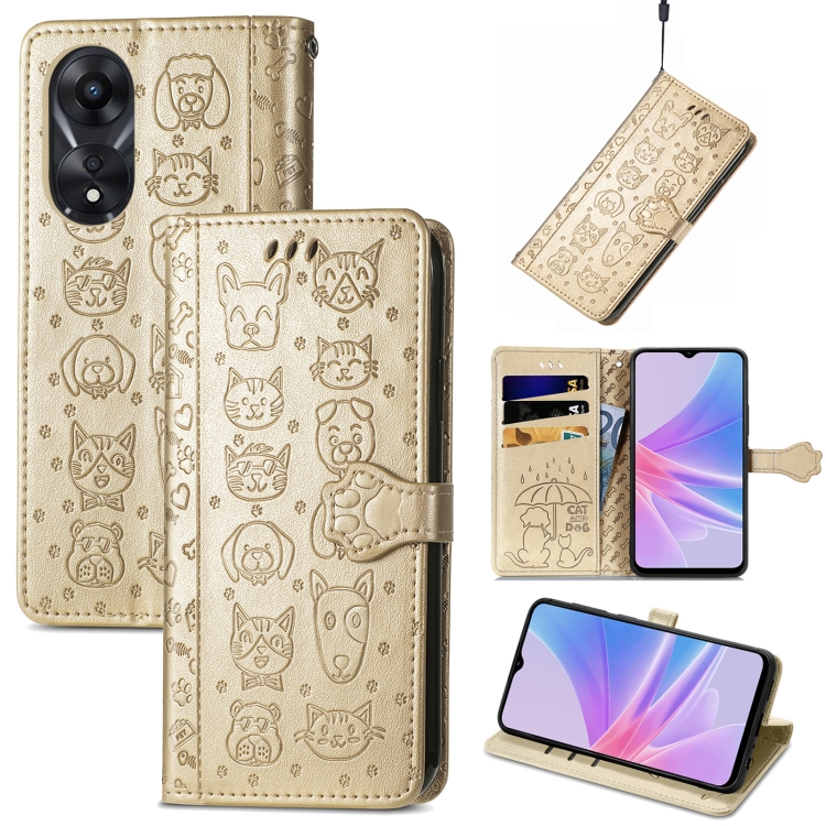 

For Oppo A58 4G Cat and Dog Embossed Leather Phone Case(Gold)