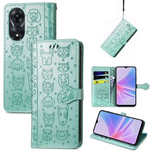 

For OPPO A58 4G Cat and Dog Embossed Leather Phone Case(Green)