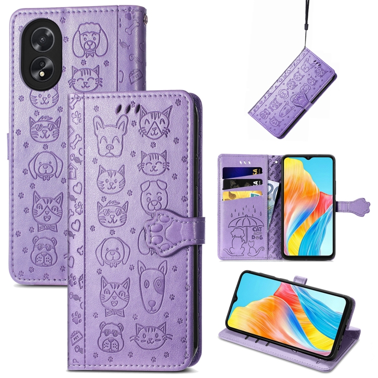 

For OPPO A38 Cat and Dog Embossed Leather Phone Case(Purple)