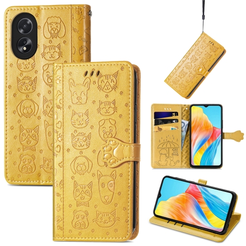 

For OPPO A38 Cat and Dog Embossed Leather Phone Case(Yellow)