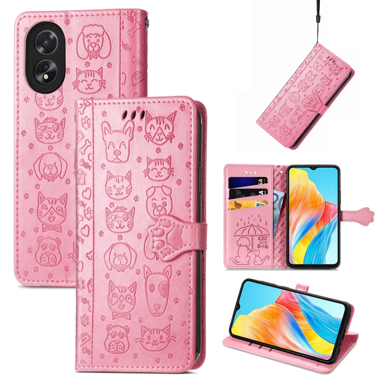 

For OPPO A38 Cat and Dog Embossed Leather Phone Case(Pink)