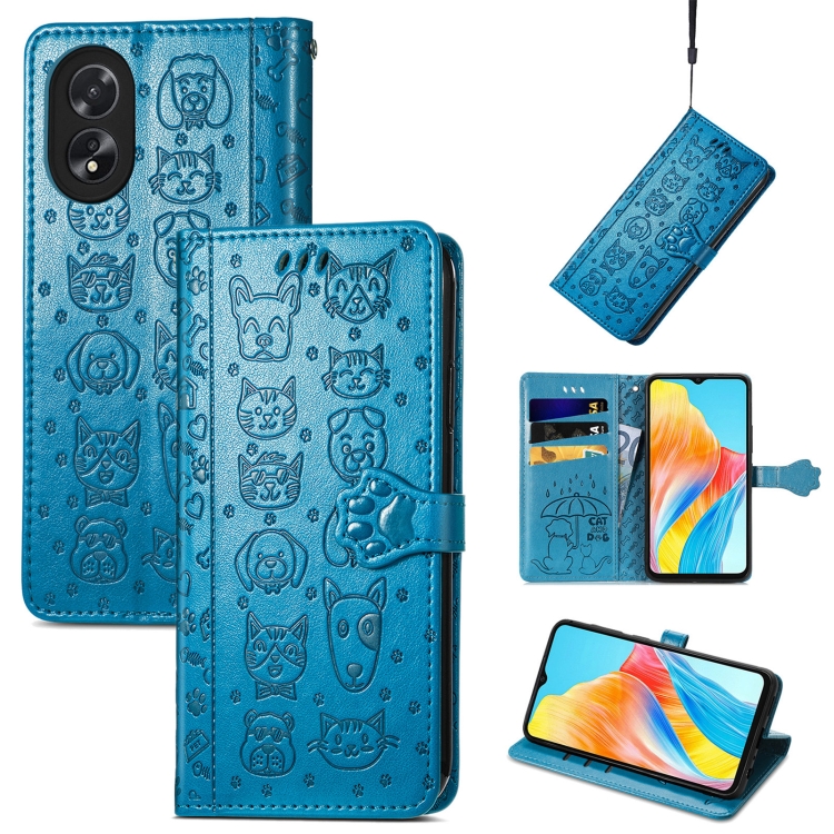 

For OPPO A38 Cat and Dog Embossed Leather Phone Case(Blue)