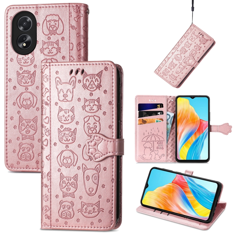 

For OPPO A38 Cat and Dog Embossed Leather Phone Case(Rose Gold)