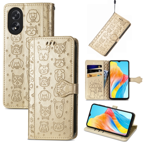 

For OPPO A38 Cat and Dog Embossed Leather Phone Case(Gold)