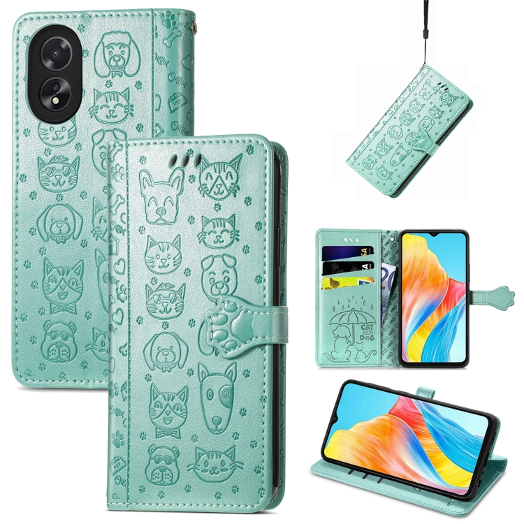 

For OPPO A38 Cat and Dog Embossed Leather Phone Case(Green)