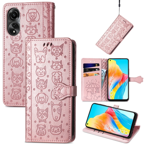 

For OPPO A78 4G Cat and Dog Embossed Leather Phone Case(Rose Gold)