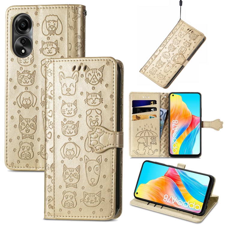 

For OPPO A78 4G Cat and Dog Embossed Leather Phone Case(Gold)
