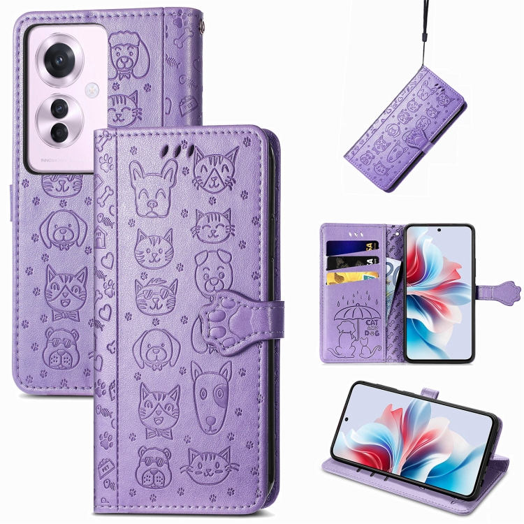

ForOPPO Reno11 F 5G Cat and Dog Embossed Leather Phone Case(Purple)