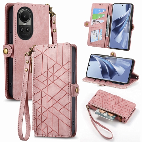 

For OPPO Reno10 / 10 Pro Global Geometric Zipper Wallet Side Buckle Leather Phone Case(Pink)