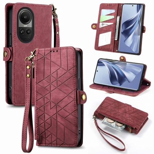 

For OPPO Reno10 / 10 Pro Global Geometric Zipper Wallet Side Buckle Leather Phone Case(Red)
