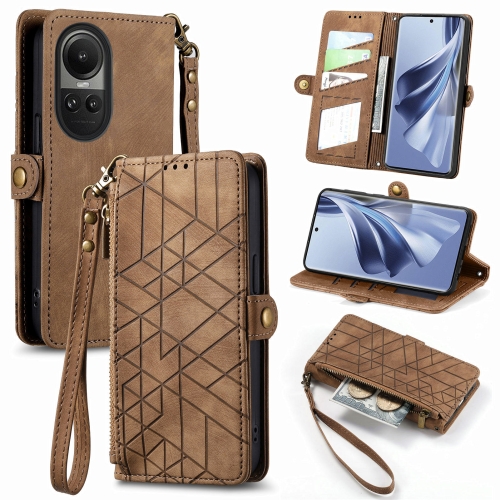 

For OPPO Reno10 / 10 Pro Global Geometric Zipper Wallet Side Buckle Leather Phone Case(Brown)