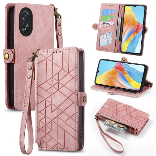 

For OPPO A38 Geometric Zipper Wallet Side Buckle Leather Phone Case(Pink)