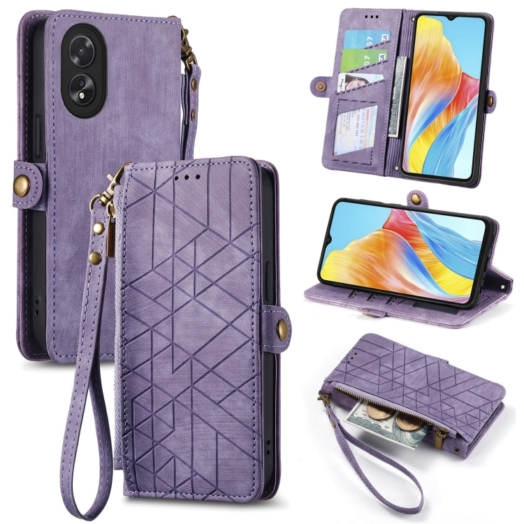 

For OPPO A38 Geometric Zipper Wallet Side Buckle Leather Phone Case(Purple)