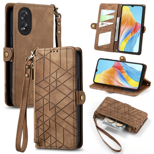 

For OPPO A38 Geometric Zipper Wallet Side Buckle Leather Phone Case(Brown)
