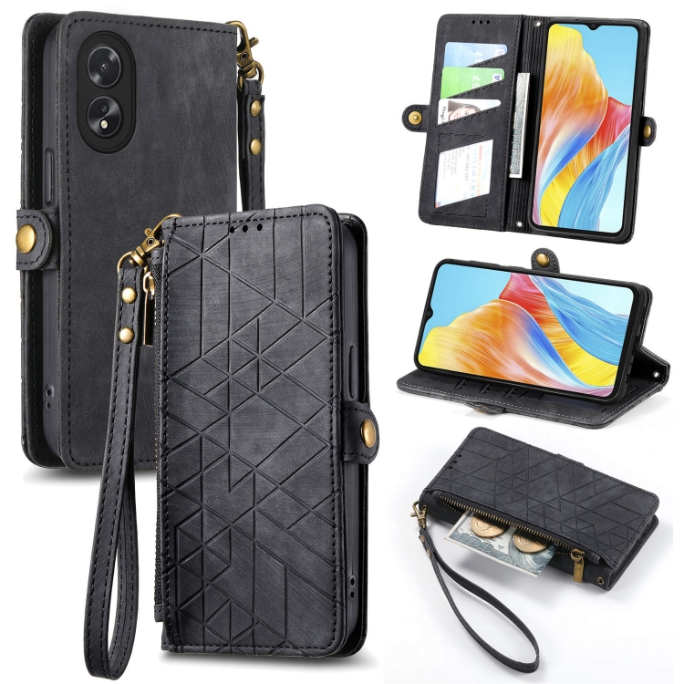 

For OPPO A38 Geometric Zipper Wallet Side Buckle Leather Phone Case(Black)