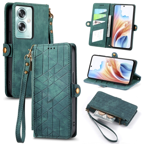 

For OPPO A79 5G/ A2 5G Geometric Zipper Wallet Side Buckle Leather Phone Case(Green)