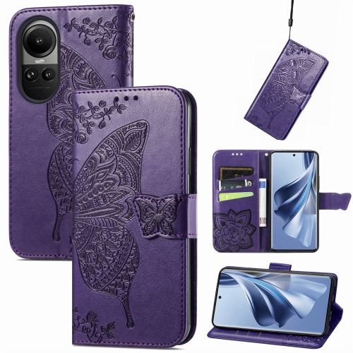 

For OPPO Reno10 / 10 Pro Global Butterfly Love Flower Embossed Leather Phone Case(Dark Purple)