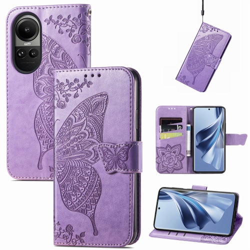 

For OPPO Reno10 / 10 Pro Global Butterfly Love Flower Embossed Leather Phone Case(Light Purple)