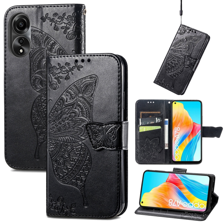 

For OPPO A78 4G Butterfly Love Flower Embossed Leather Phone Case(Black)