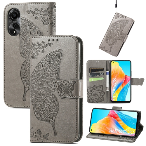 

For OPPO A78 4G Butterfly Love Flower Embossed Leather Phone Case(Grey)