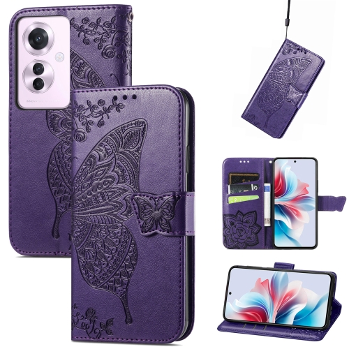

For OPPO Reno11 F 5G Butterfly Love Flower Embossed Leather Phone Case(Dark Purple)