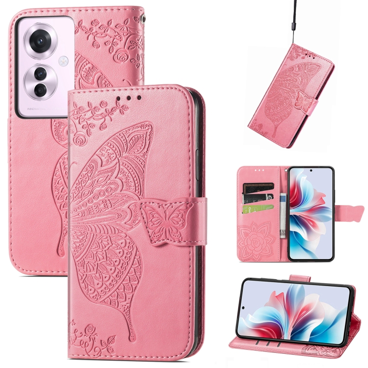 

For OPPO Reno11 F 5G Butterfly Love Flower Embossed Leather Phone Case(Pink)