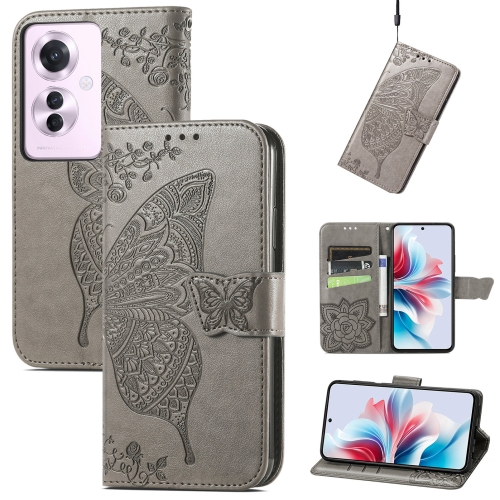 

For OPPO Reno11 F 5G Butterfly Love Flower Embossed Leather Phone Case(Grey)