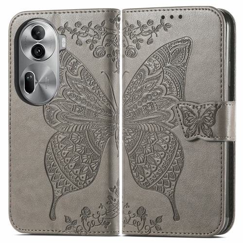 

For OPPO Reno11 Pro EU Butterfly Love Flower Embossed Leather Phone Case(Grey)