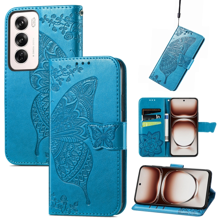 

For OPPO Reno12 Pro Global Butterfly Love Flower Embossed Leather Phone Case(Blue)