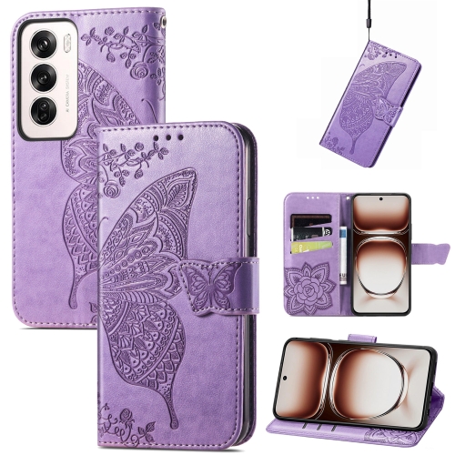 

For OPPO Reno12 Pro Global Butterfly Love Flower Embossed Leather Phone Case(Light Purple)