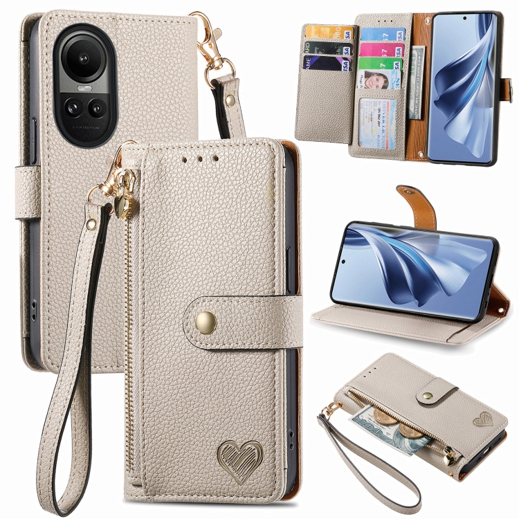 

For OPPO Reno10 / 10 Pro Global Love Zipper Lanyard Leather Phone Case(White)